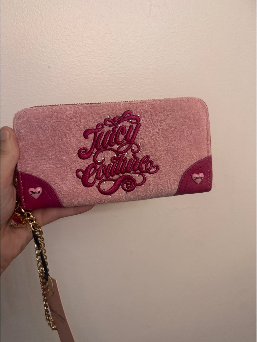 Juicy Couture Pink Terry Cloth Zip-Around Wallet with Cherry Charm